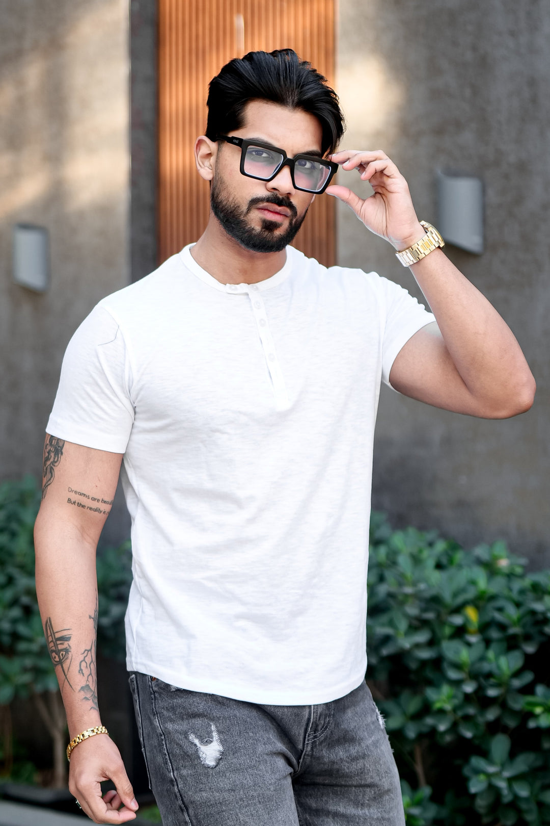 White Slub Buttoned Henley T-Shirt