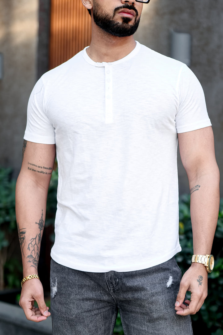 White Slub Buttoned Henley T-Shirt