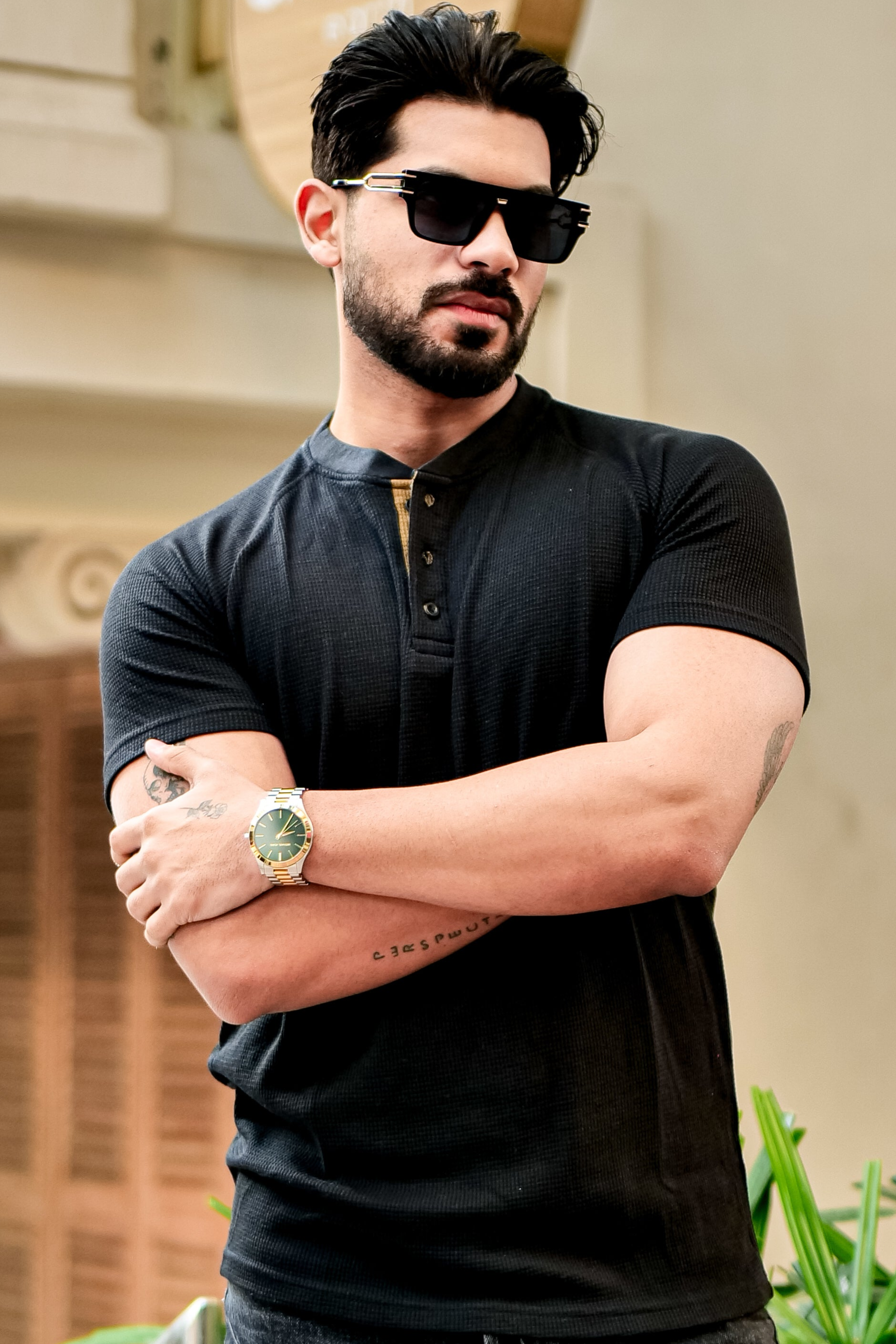 Black Contrast Placket Waffle Henley T-Shirt