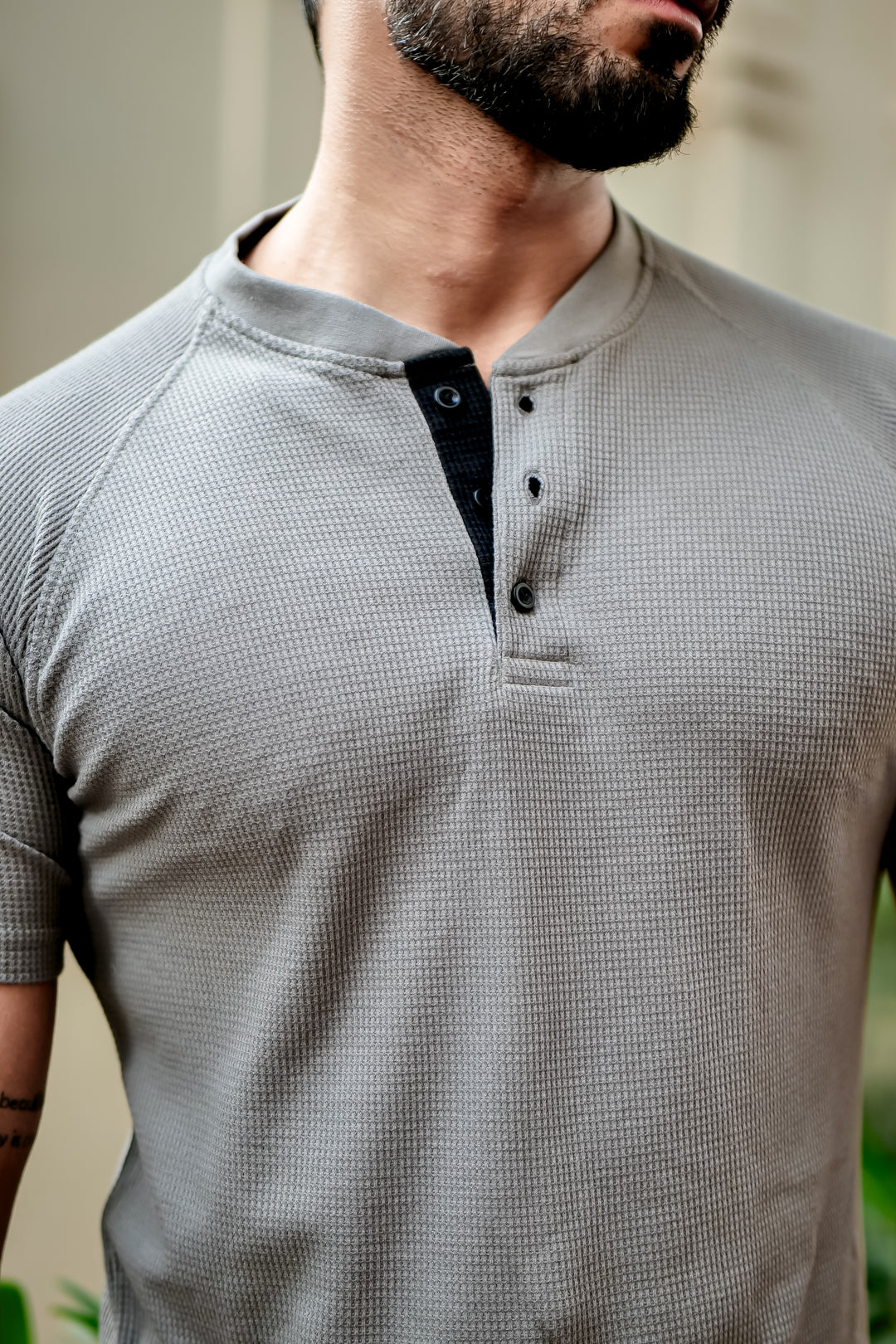 Dark Grey Contrast Placket Waffle Henley T-Shirt