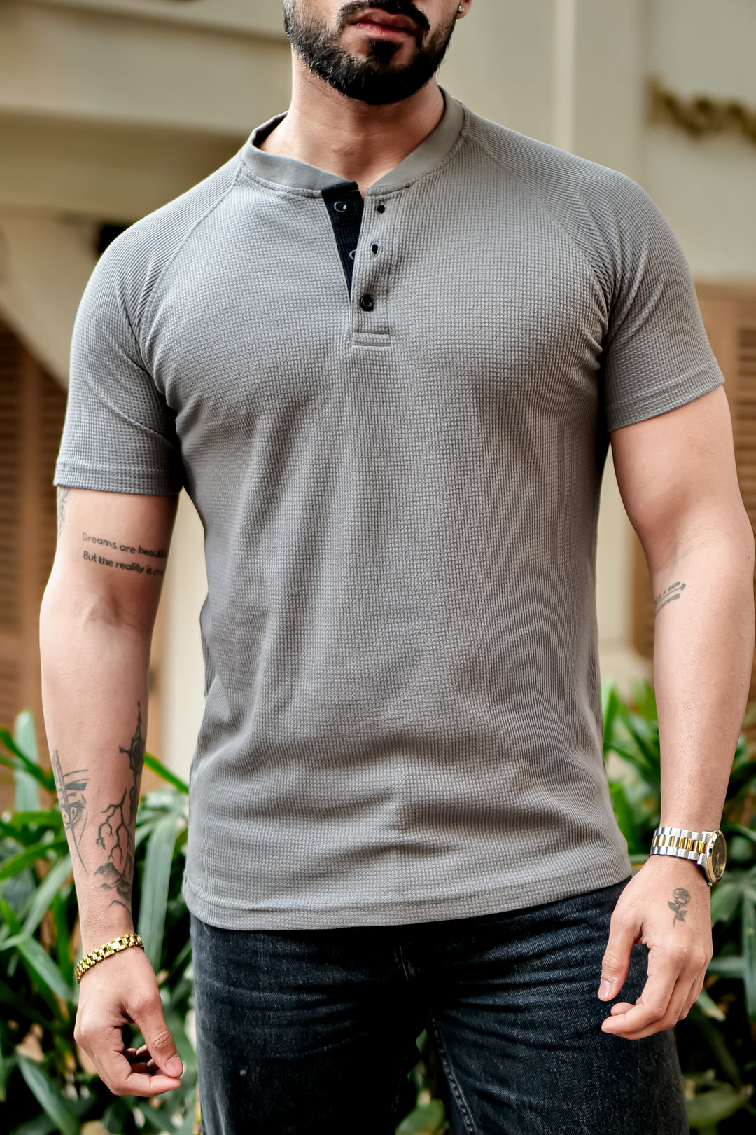 Dark Grey Contrast Placket Waffle Henley T-Shirt