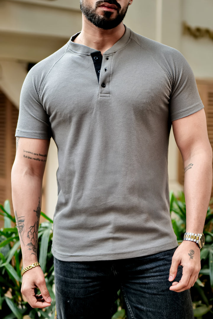 Dark Grey Contrast Placket Waffle Henley T-Shirt