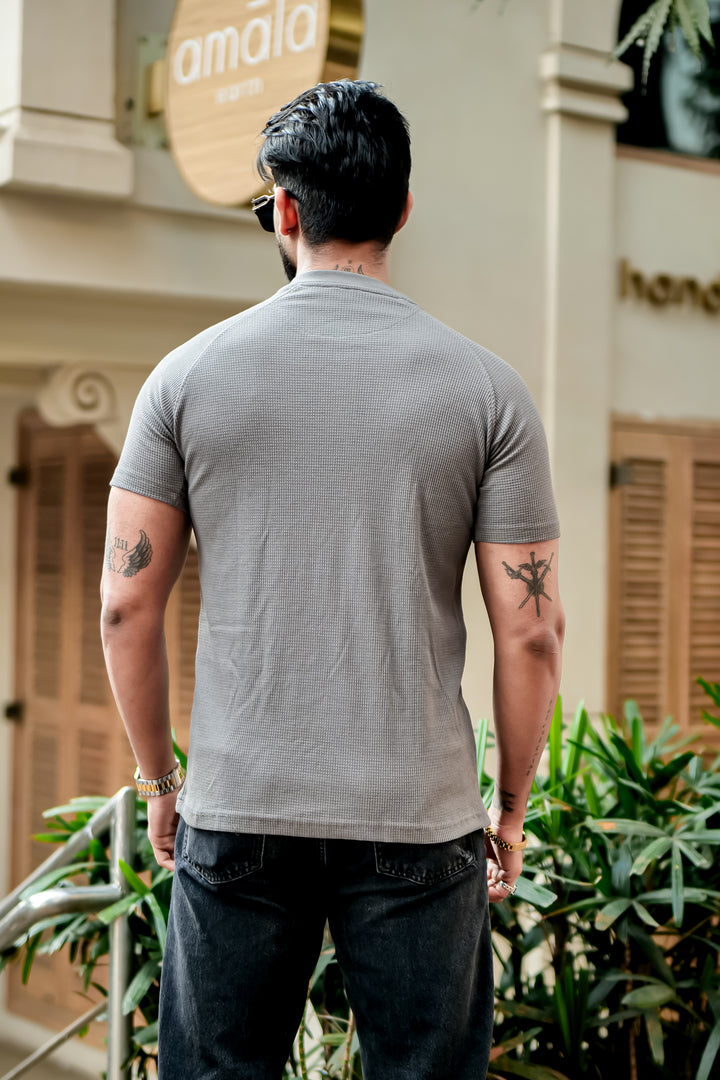 Dark Grey Contrast Placket Waffle Henley T-Shirt
