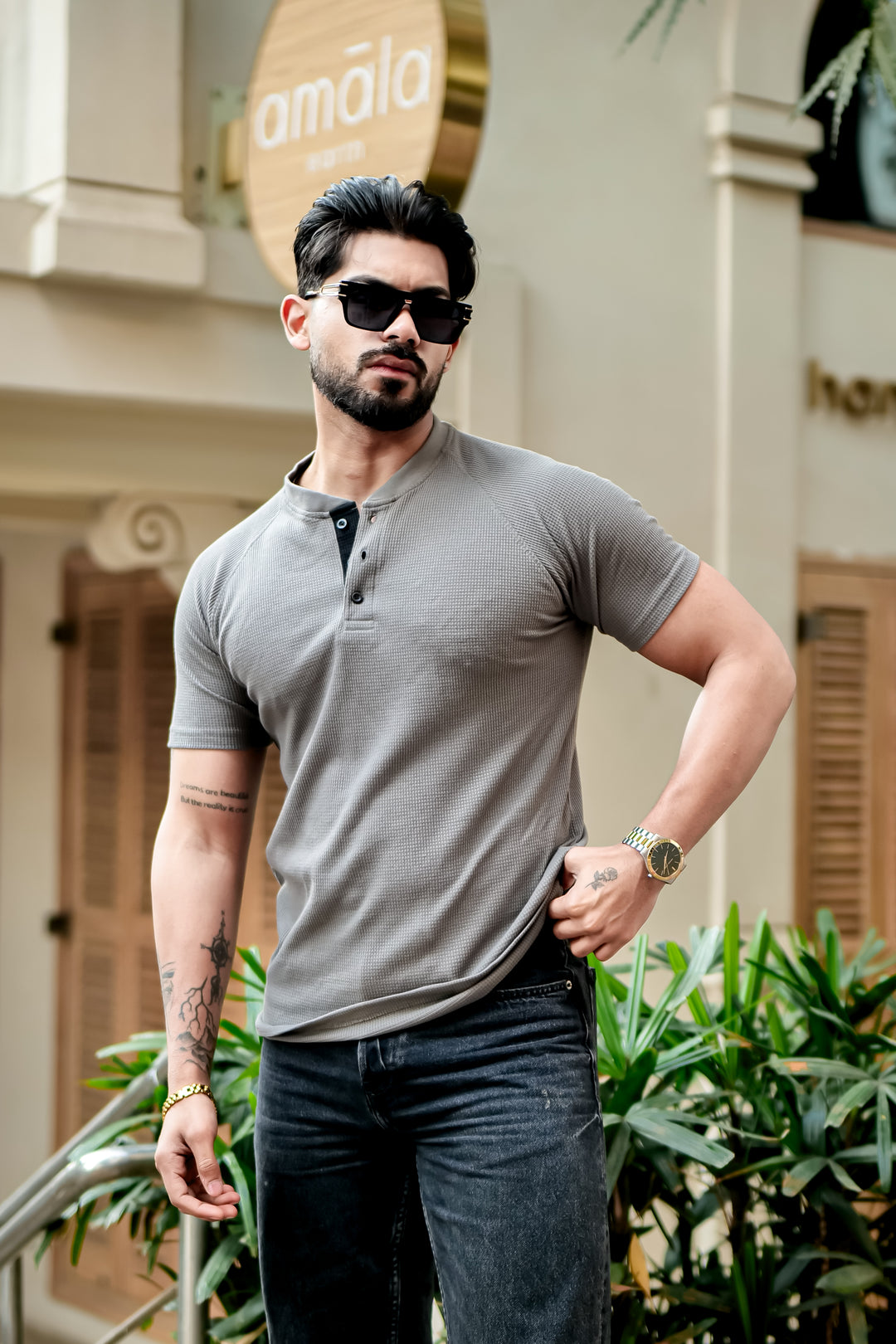Dark Grey Contrast Placket Waffle Henley T-Shirt