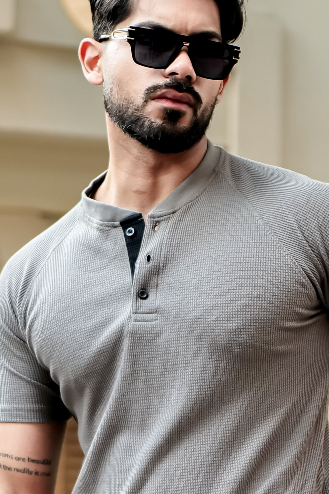 Dark Grey Contrast Placket Waffle Henley T-Shirt