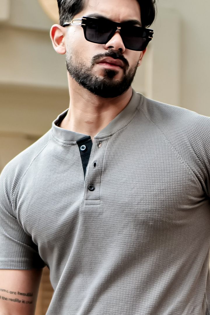 Dark Grey Contrast Placket Waffle Henley T-Shirt