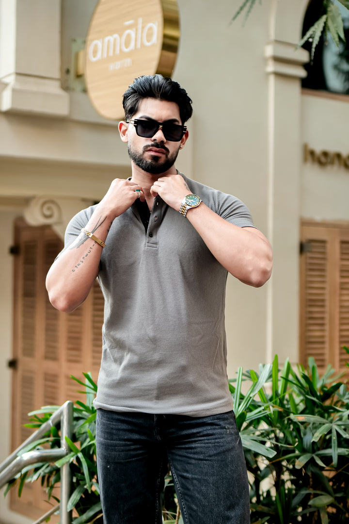 Dark Grey Contrast Placket Waffle Henley T-Shirt