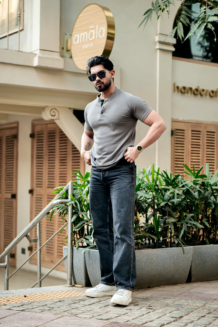 Dark Grey Contrast Placket Waffle Henley T-Shirt