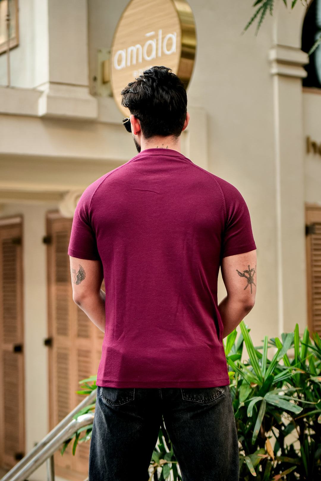 Maroon Contrast Placket Waffle Henley T-Shirt