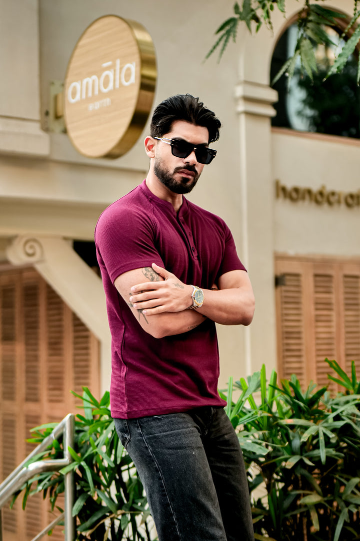 Maroon Contrast Placket Waffle Henley T-Shirt
