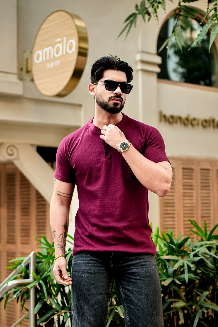 Maroon Contrast Placket Waffle Henley T-Shirt