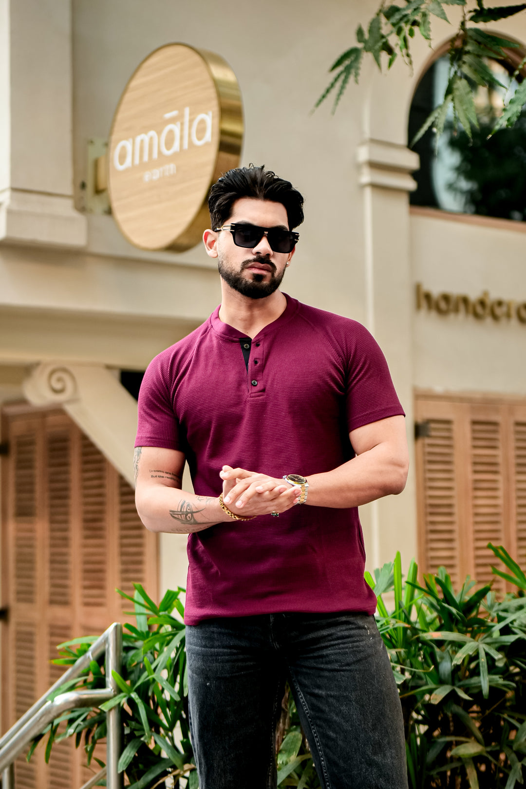 Maroon Contrast Placket Waffle Henley T-Shirt