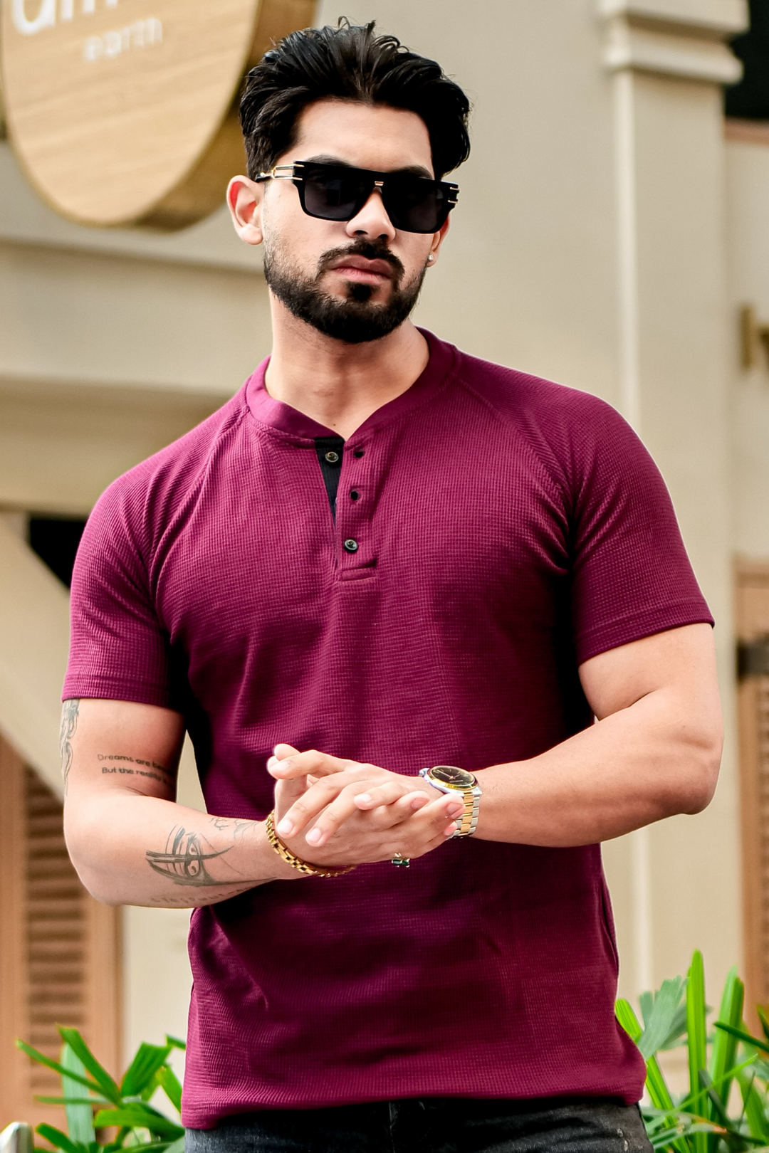 Maroon Contrast Placket Waffle Henley T-Shirt