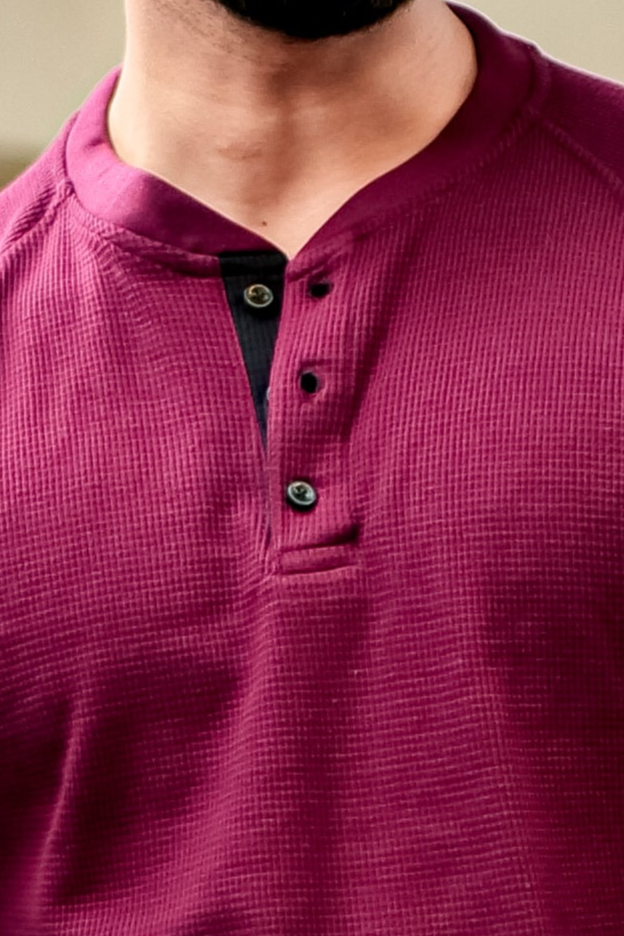 Maroon Contrast Placket Waffle Henley T-Shirt