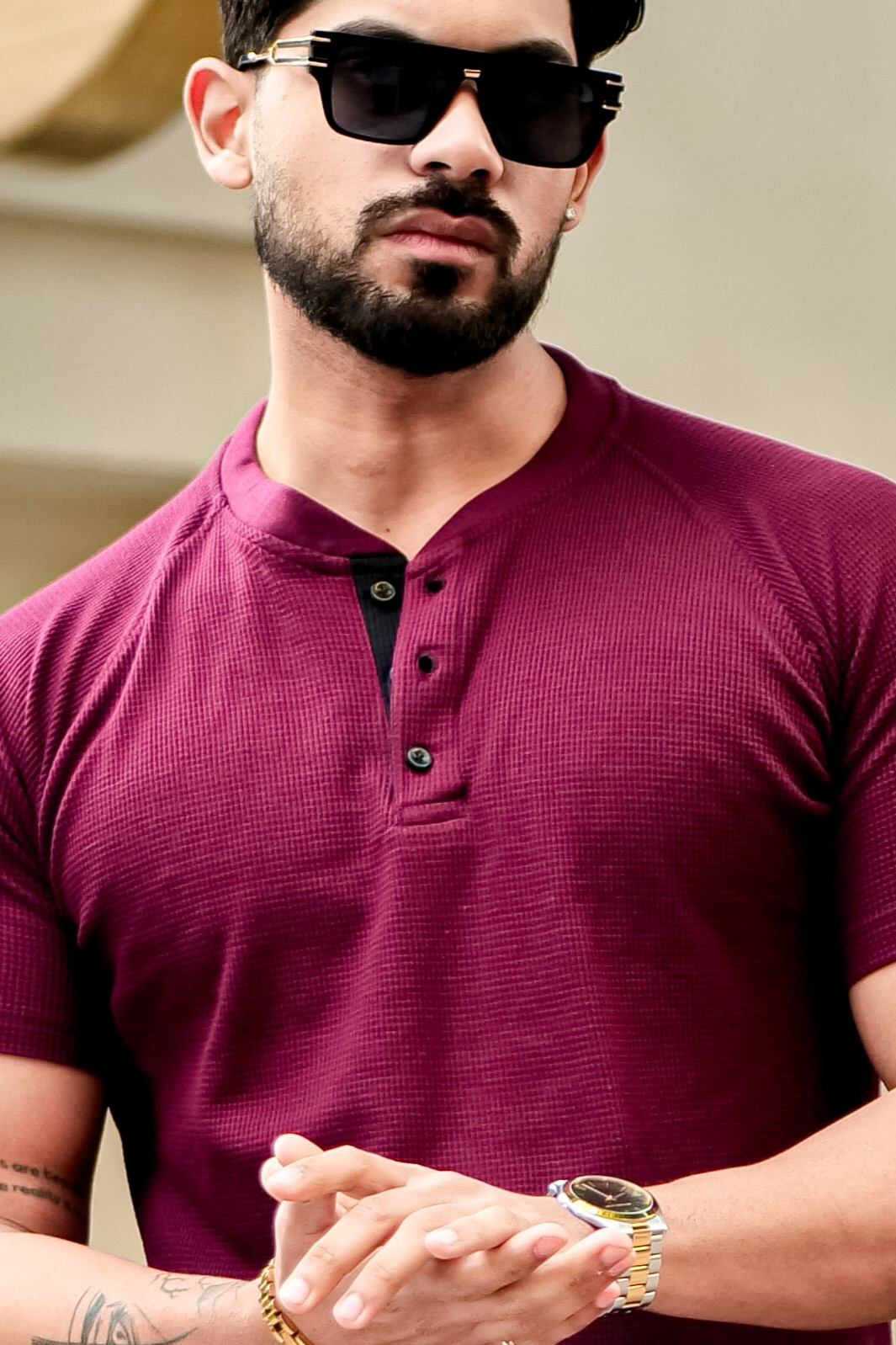 Maroon Contrast Placket Waffle Henley T-Shirt