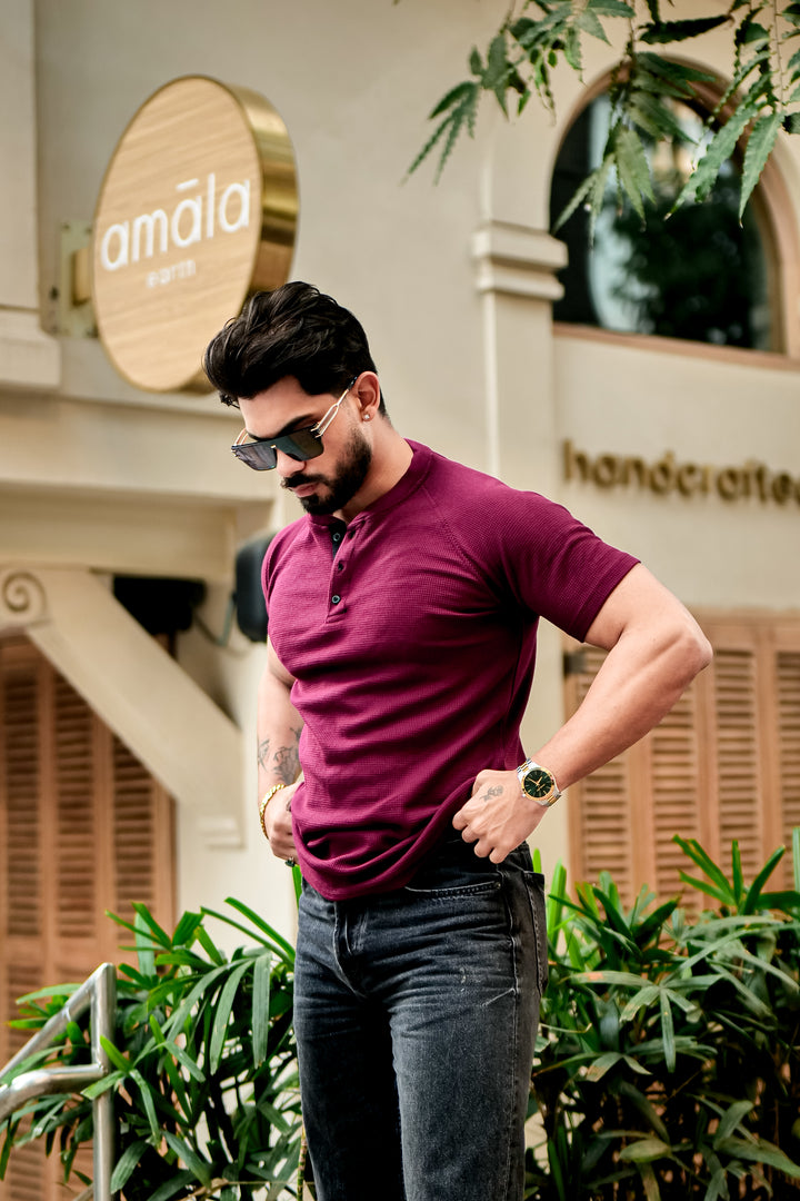 Maroon Contrast Placket Waffle Henley T-Shirt