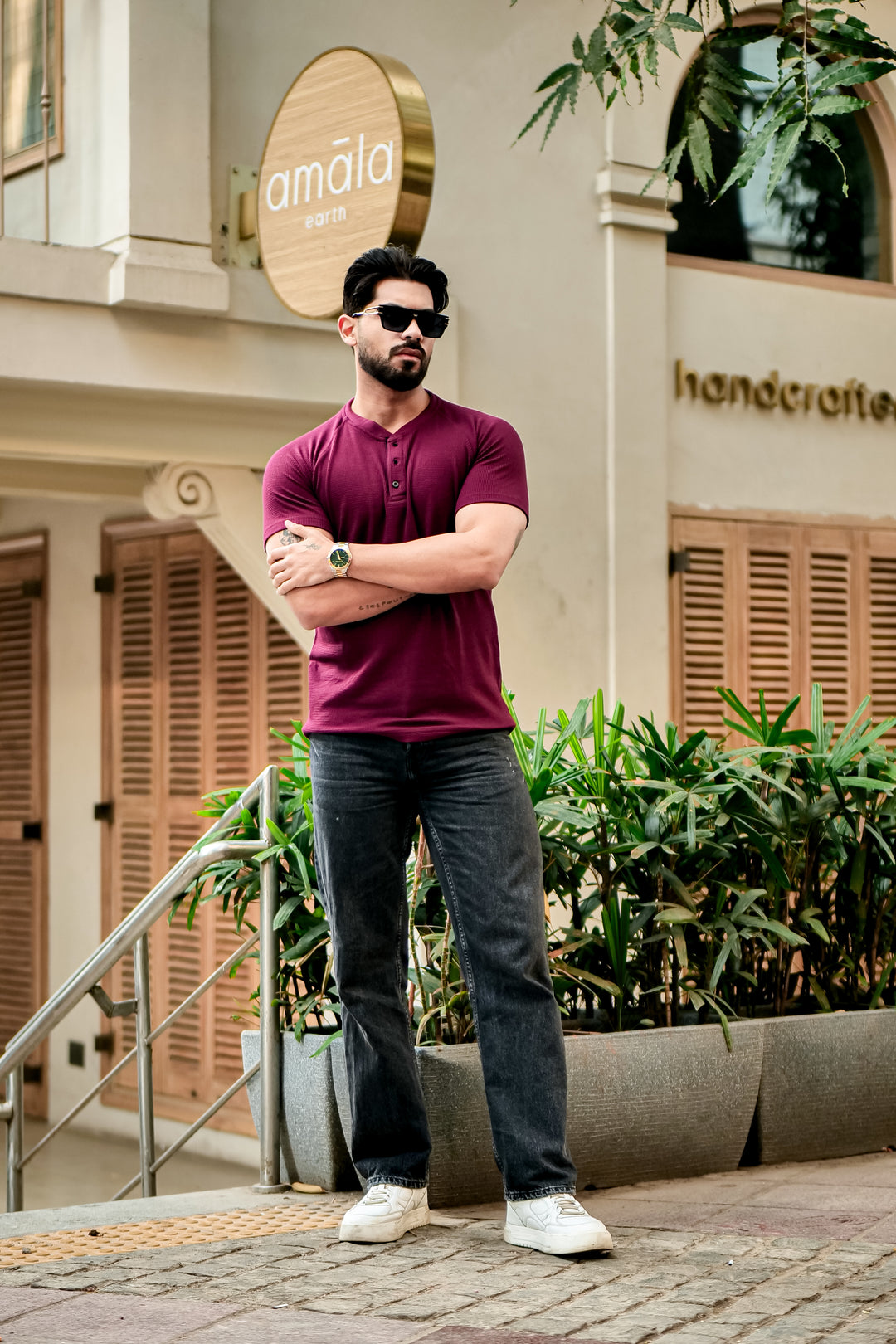 Maroon Contrast Placket Waffle Henley T-Shirt