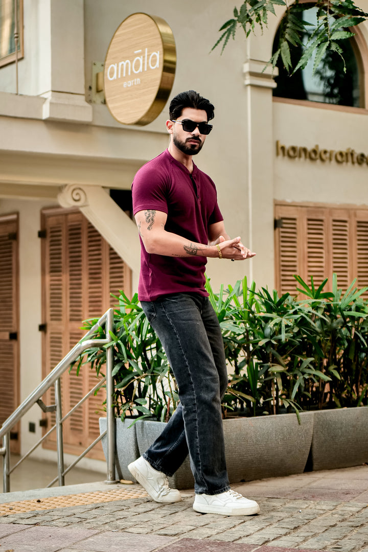 Maroon Contrast Placket Waffle Henley T-Shirt