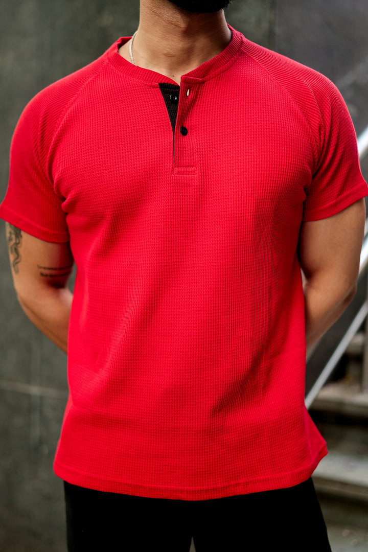 Red Contrast Placket Waffle Henley T-Shirt