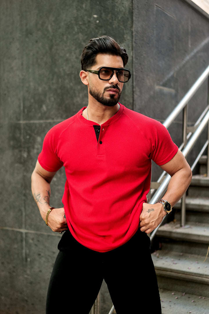 Red Contrast Placket Waffle Henley T-Shirt