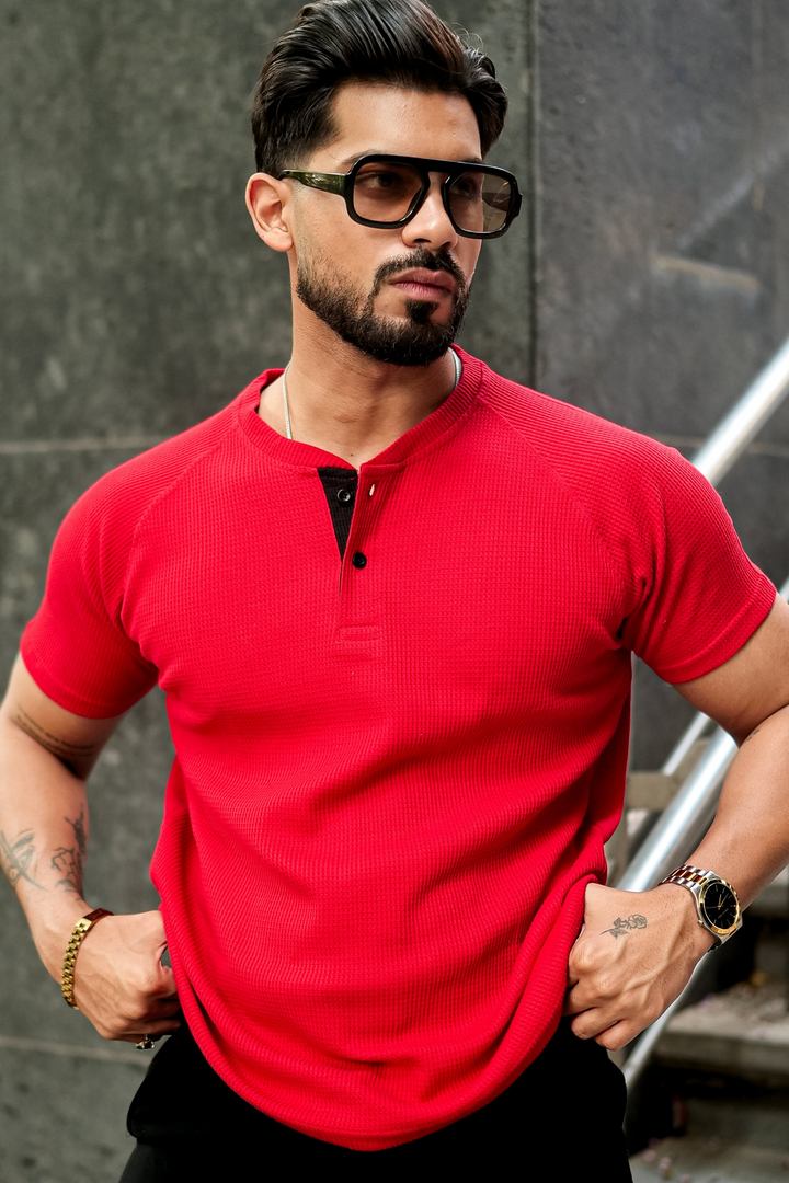 Red Contrast Placket Waffle Henley T-Shirt