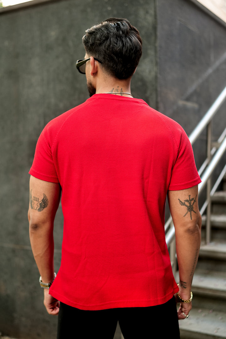 Red Contrast Placket Waffle Henley T-Shirt