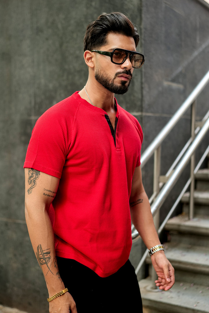 Red Contrast Placket Waffle Henley T-Shirt