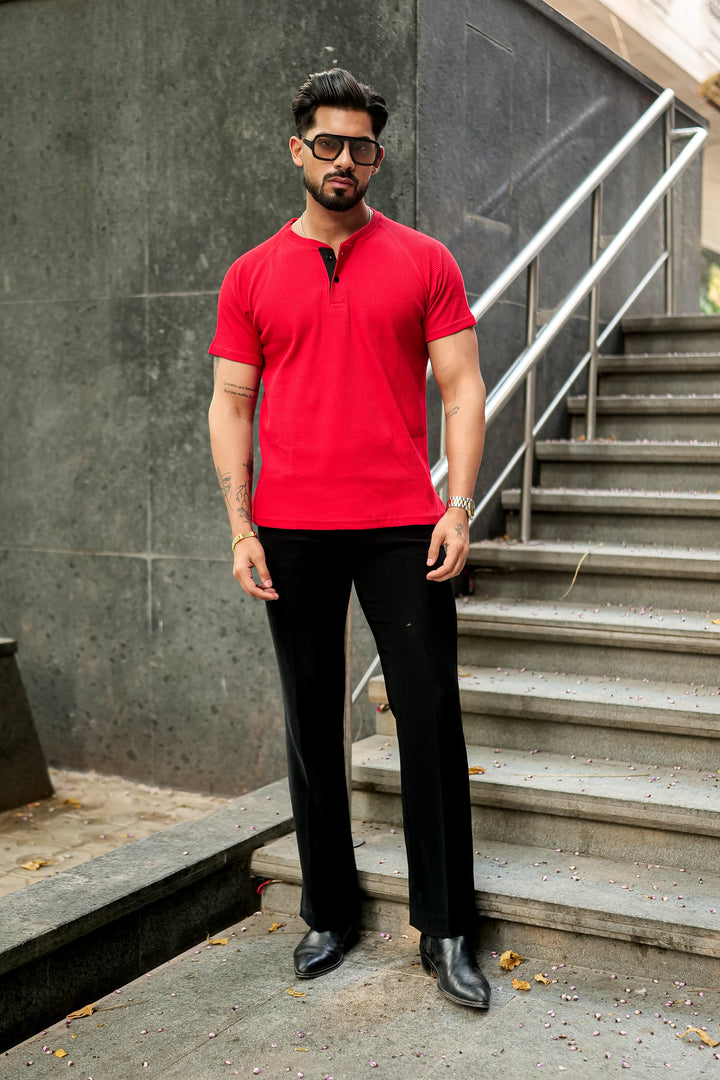 Red Contrast Placket Waffle Henley T-Shirt