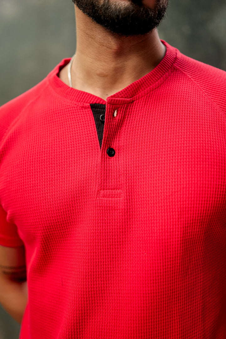 Red Contrast Placket Waffle Henley T-Shirt