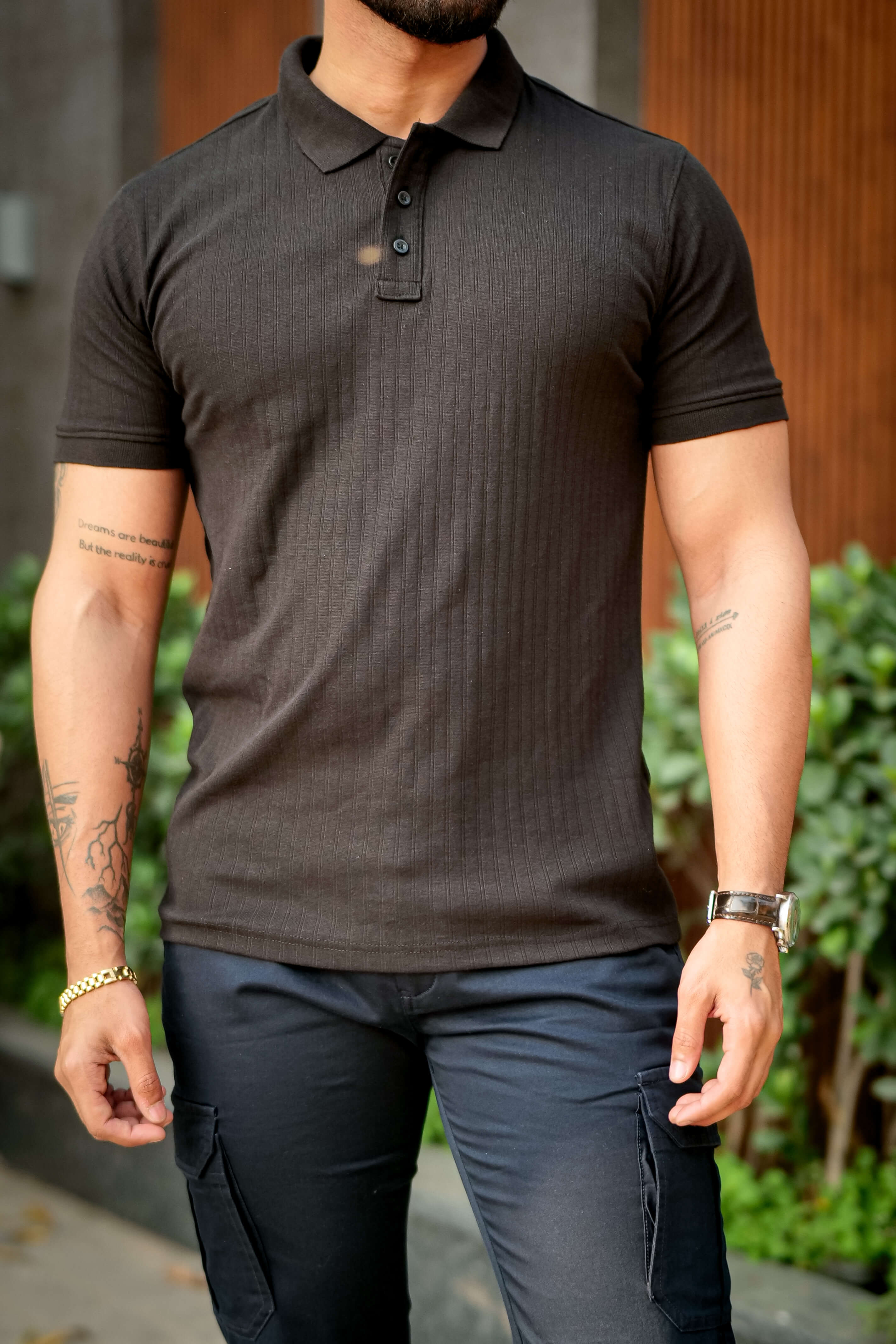 Black Cotton (Drop Needle) Self Design Polo T-Shirt