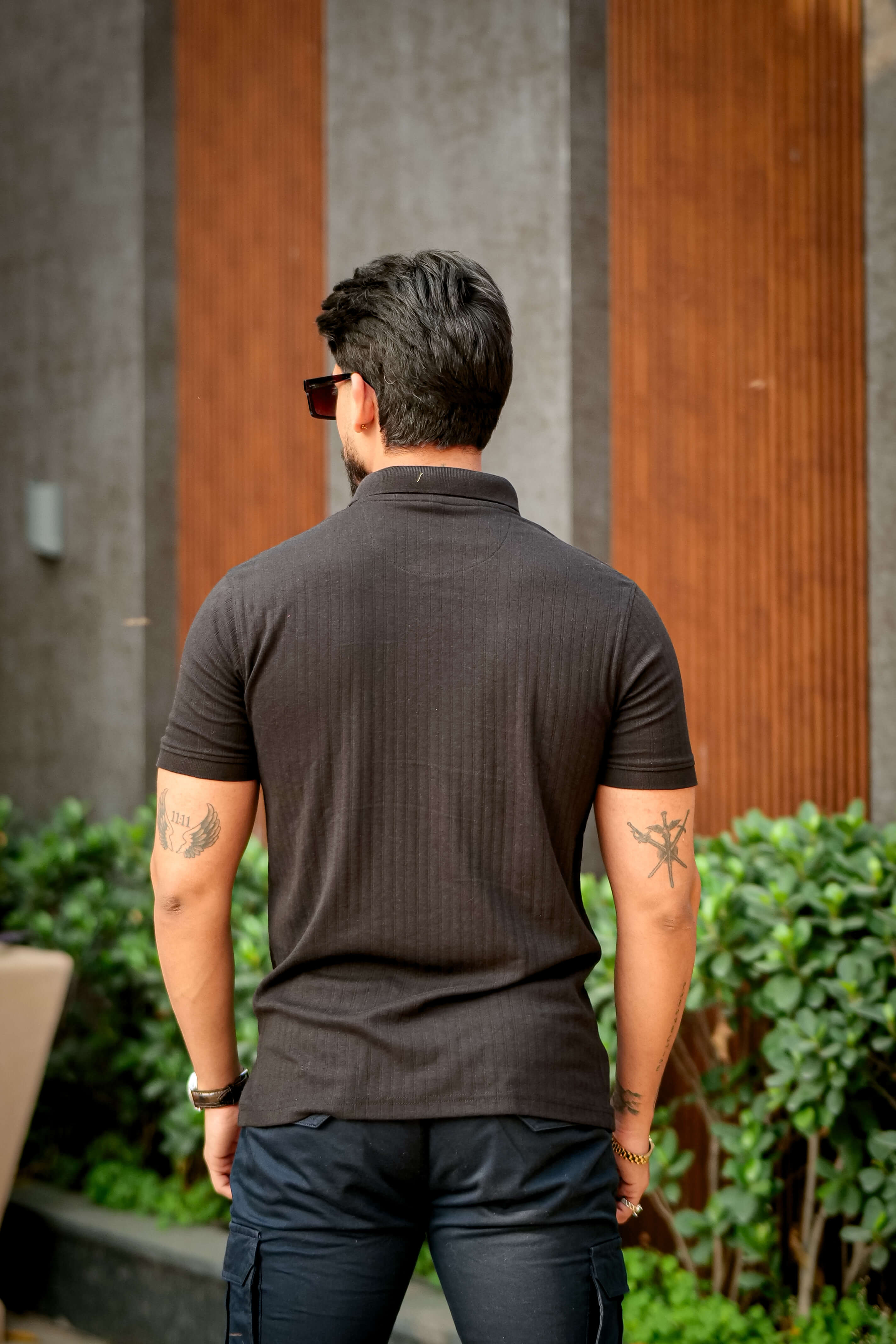 Black Cotton (Drop Needle) Self Design Polo T-Shirt