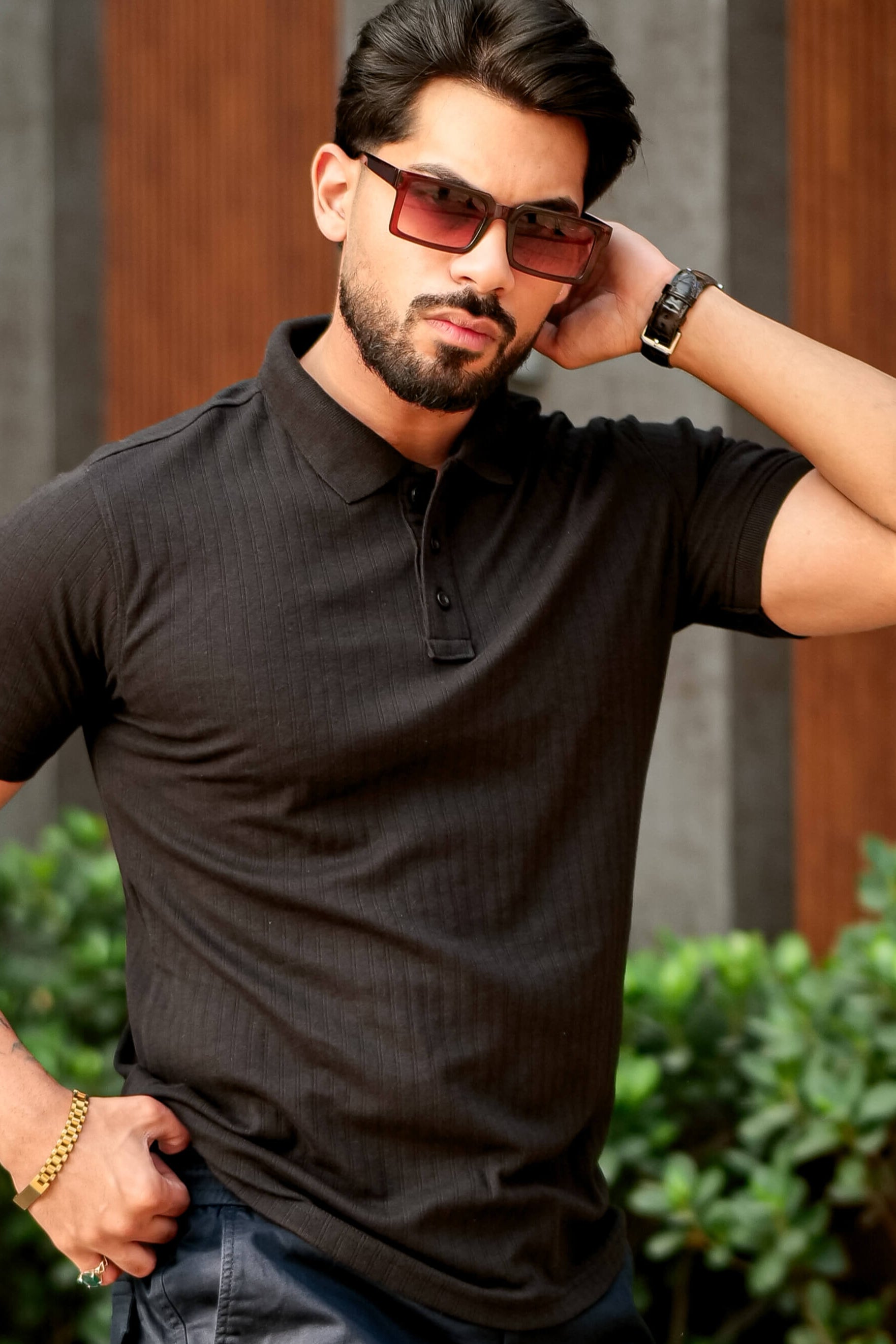 Black Cotton (Drop Needle) Self Design Polo T-Shirt