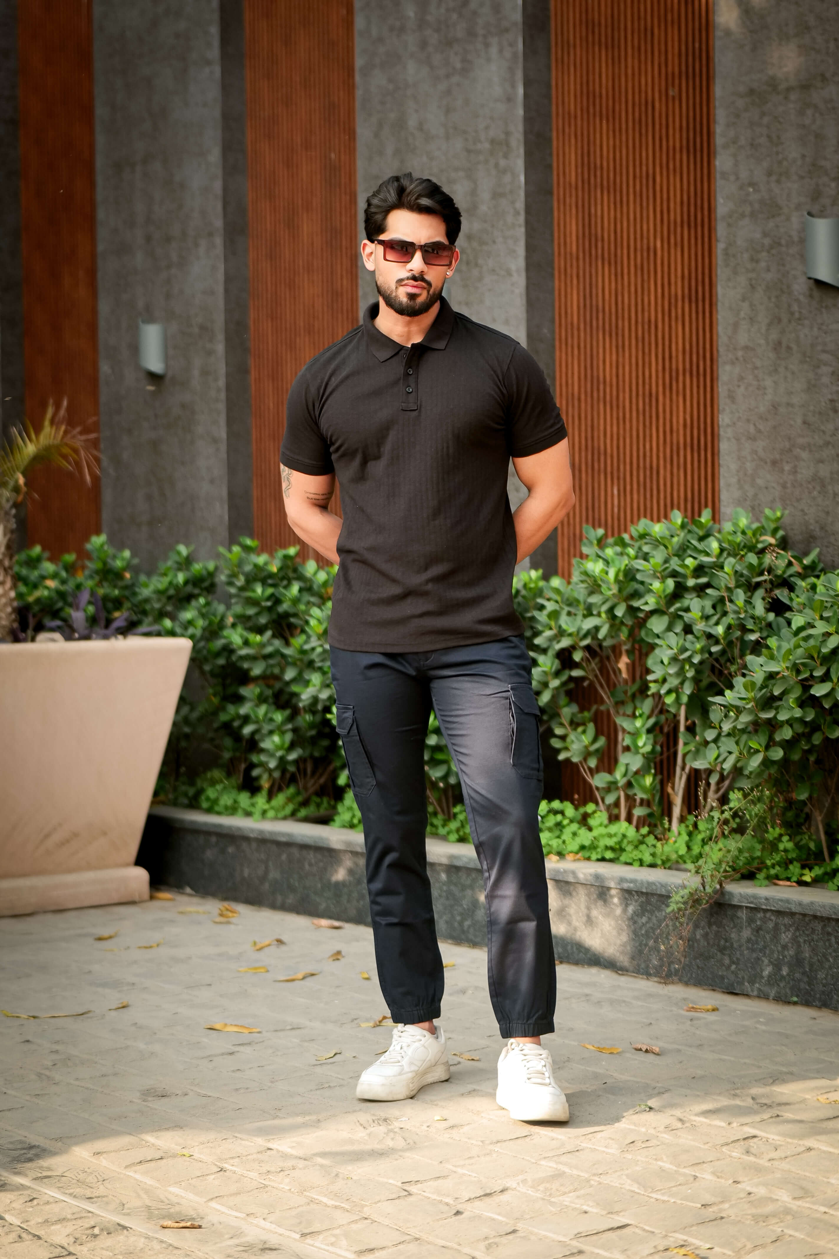 Black Cotton (Drop Needle) Self Design Polo T-Shirt