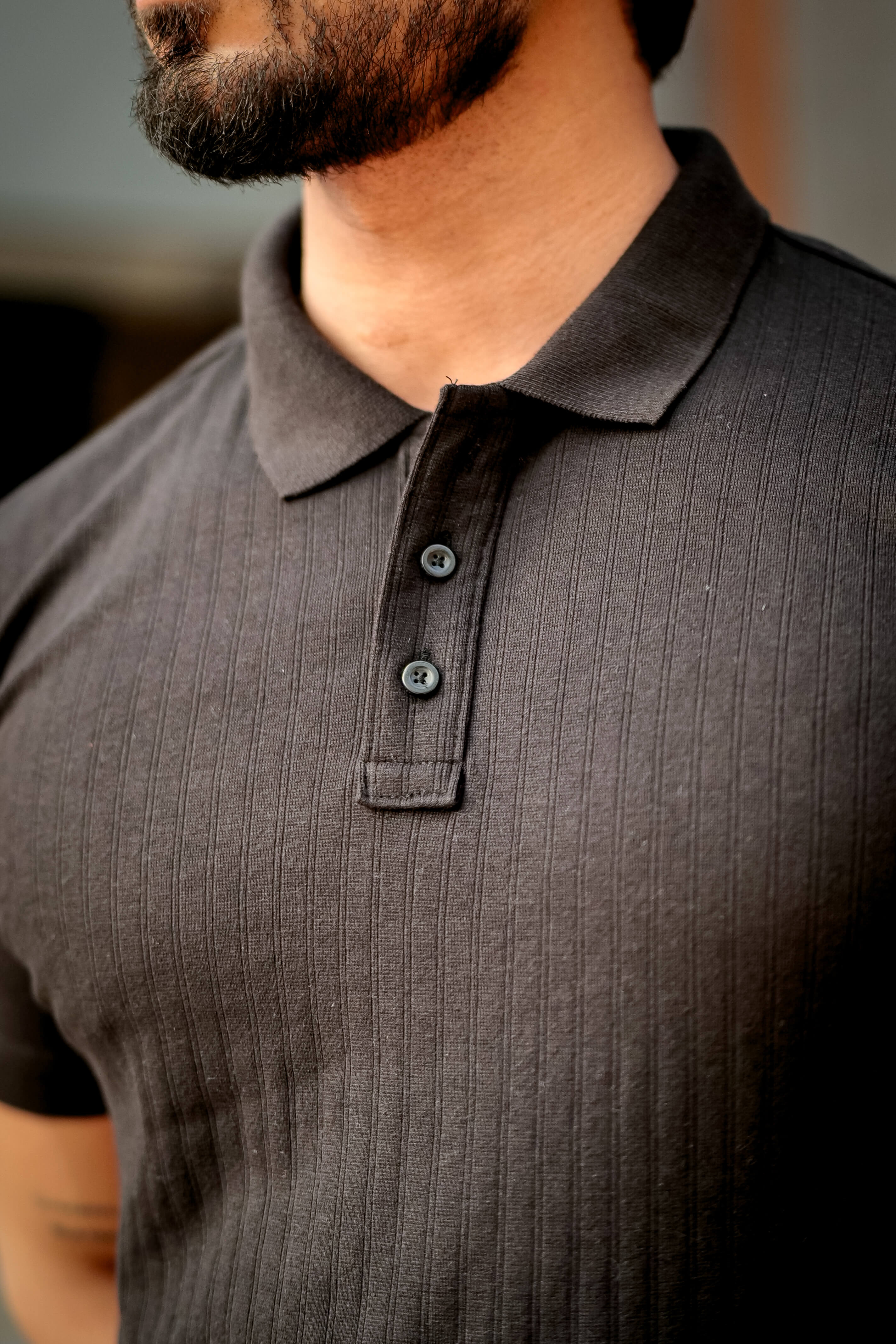 Black Cotton (Drop Needle) Self Design Polo T-Shirt