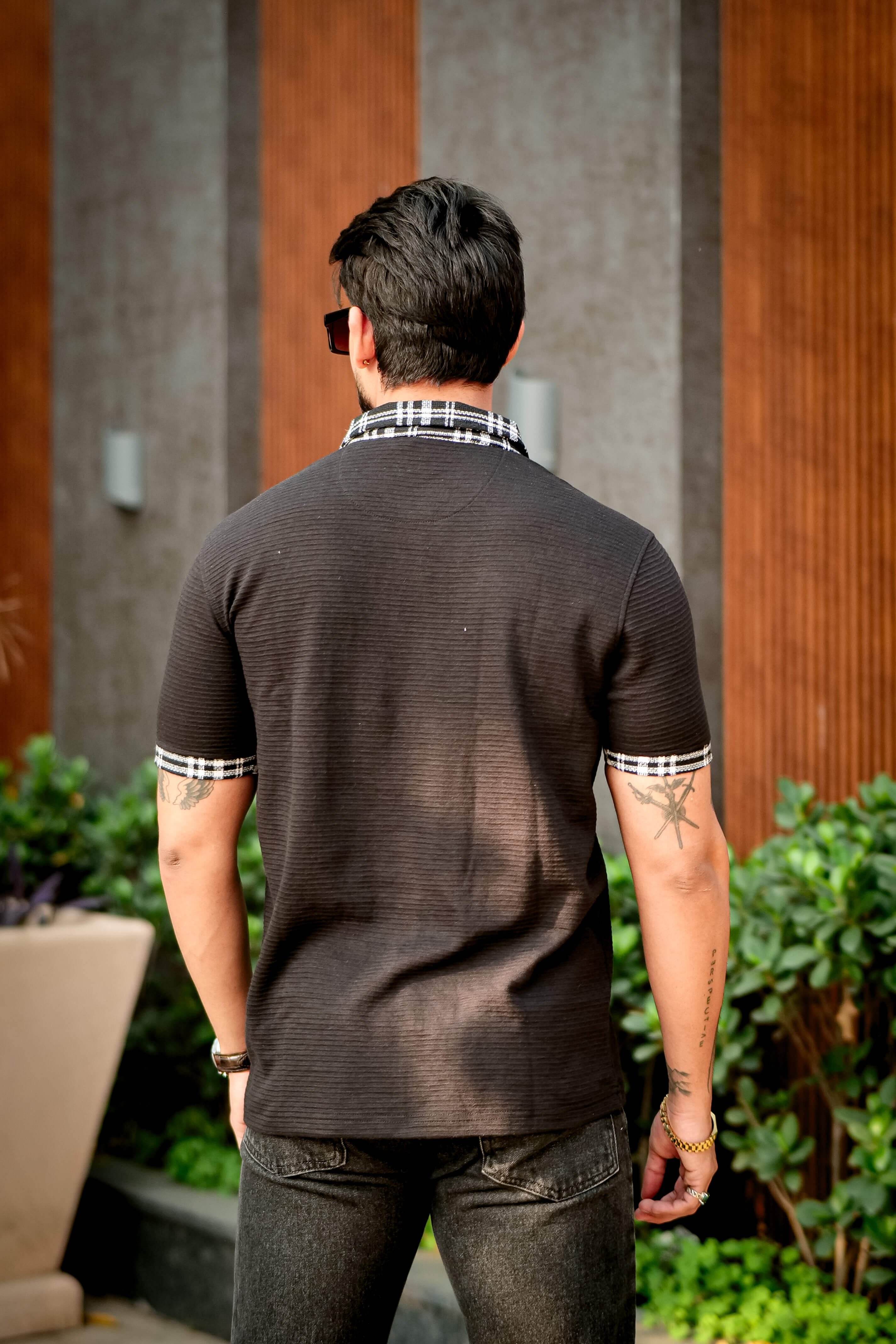 Black Check Cotton (Ottoman) Polo Collar T-Shirt