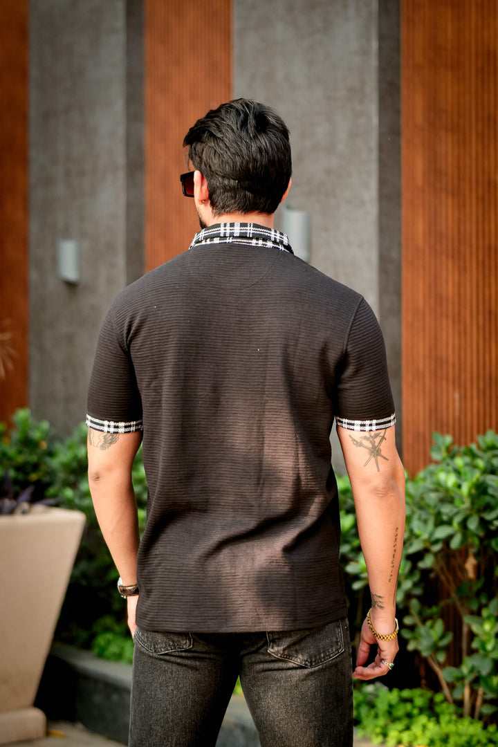 Black Check Cotton Polo Collar T-Shirt
