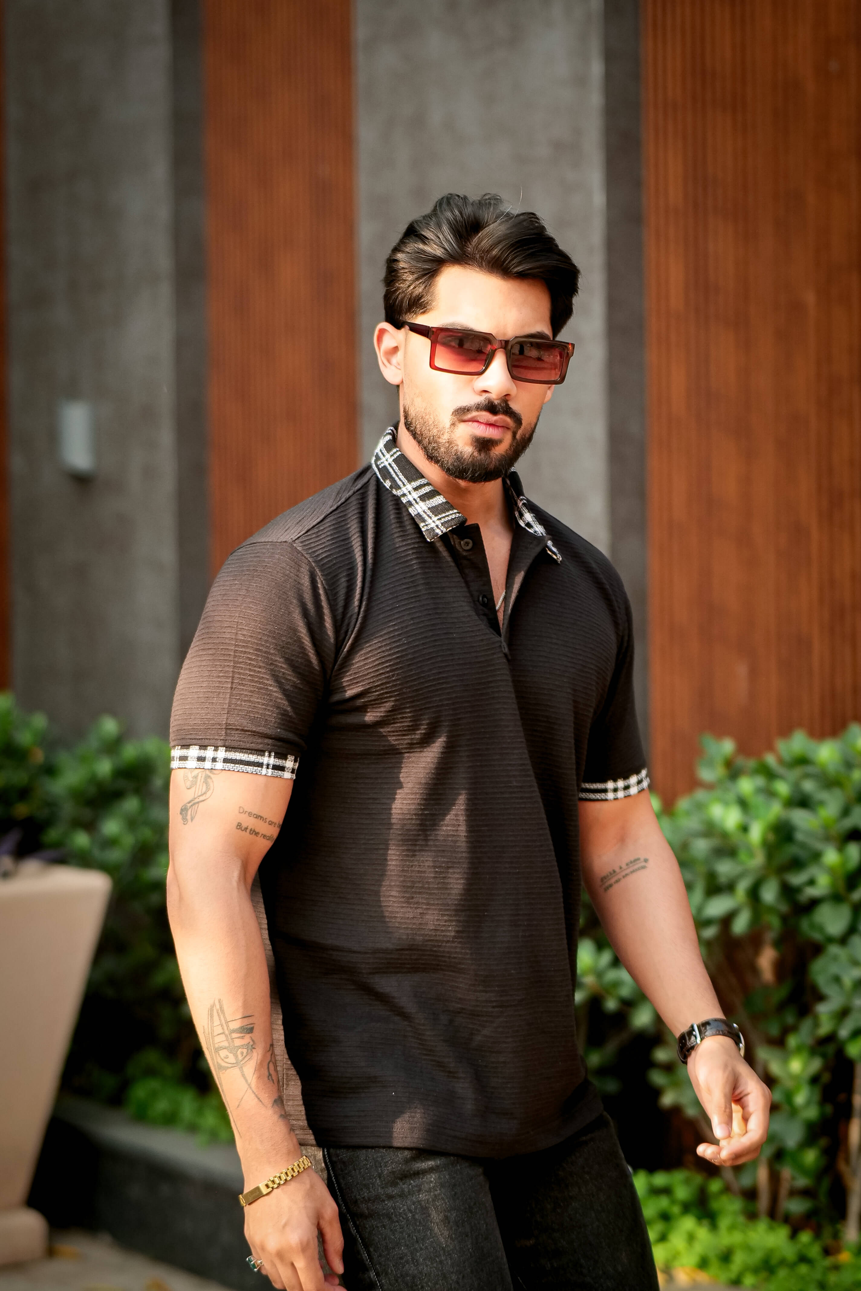 Black Check Cotton (Ottoman) Polo Collar T-Shirt