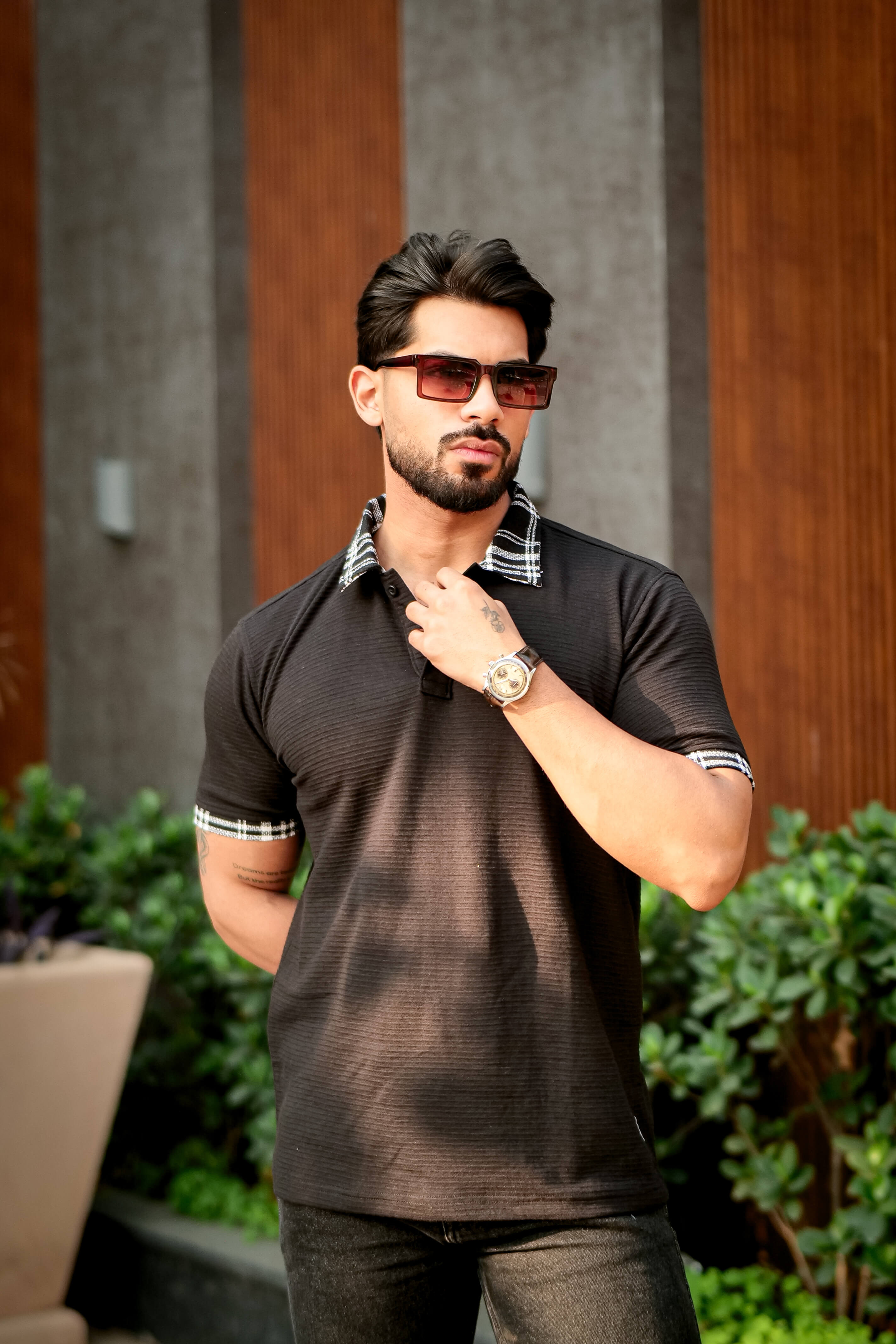 Black Check Cotton (Ottoman) Polo Collar T-Shirt