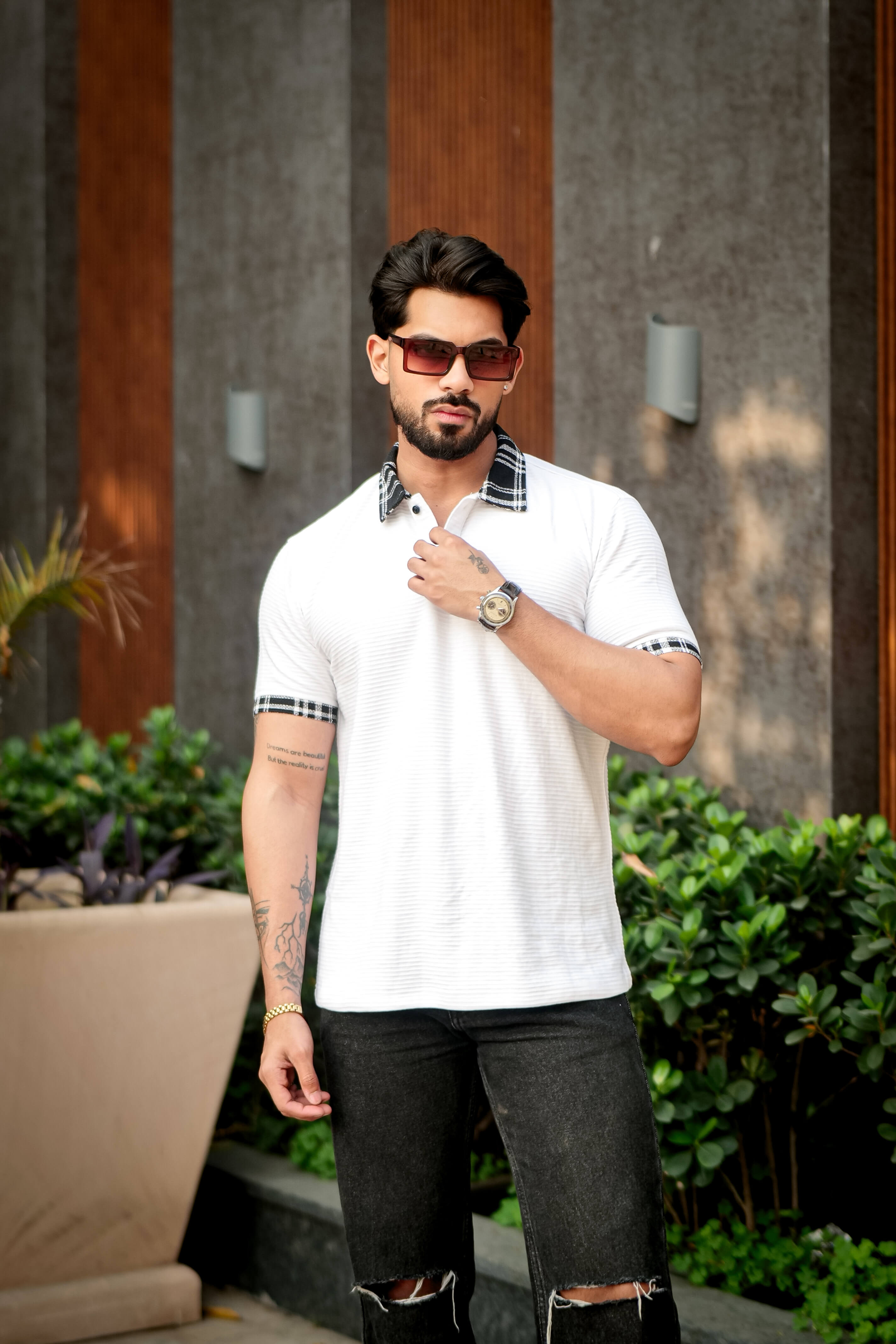 White Self Design Check Polo Collar T-Shirt
