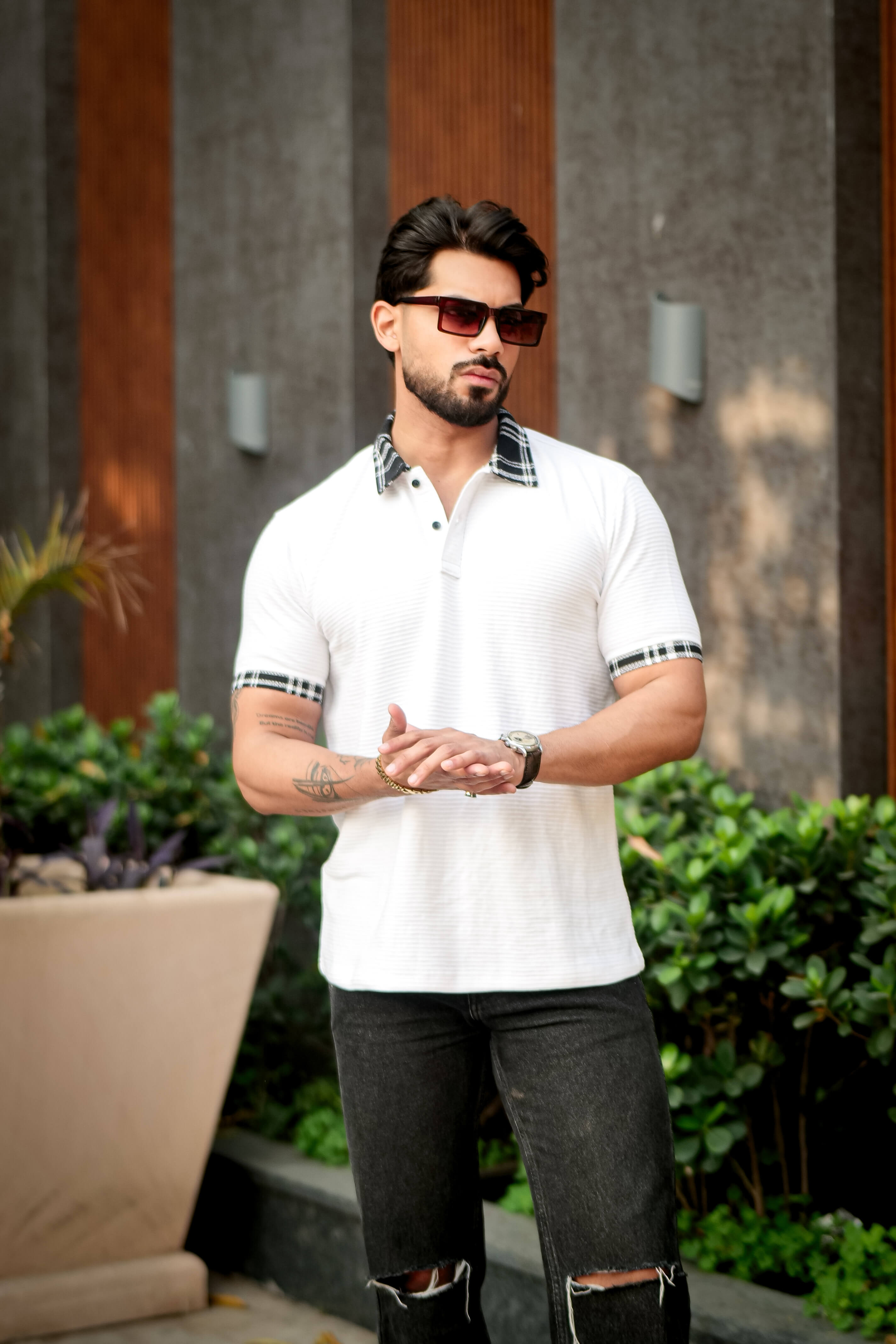 White Self Design Check Polo Collar T-Shirt