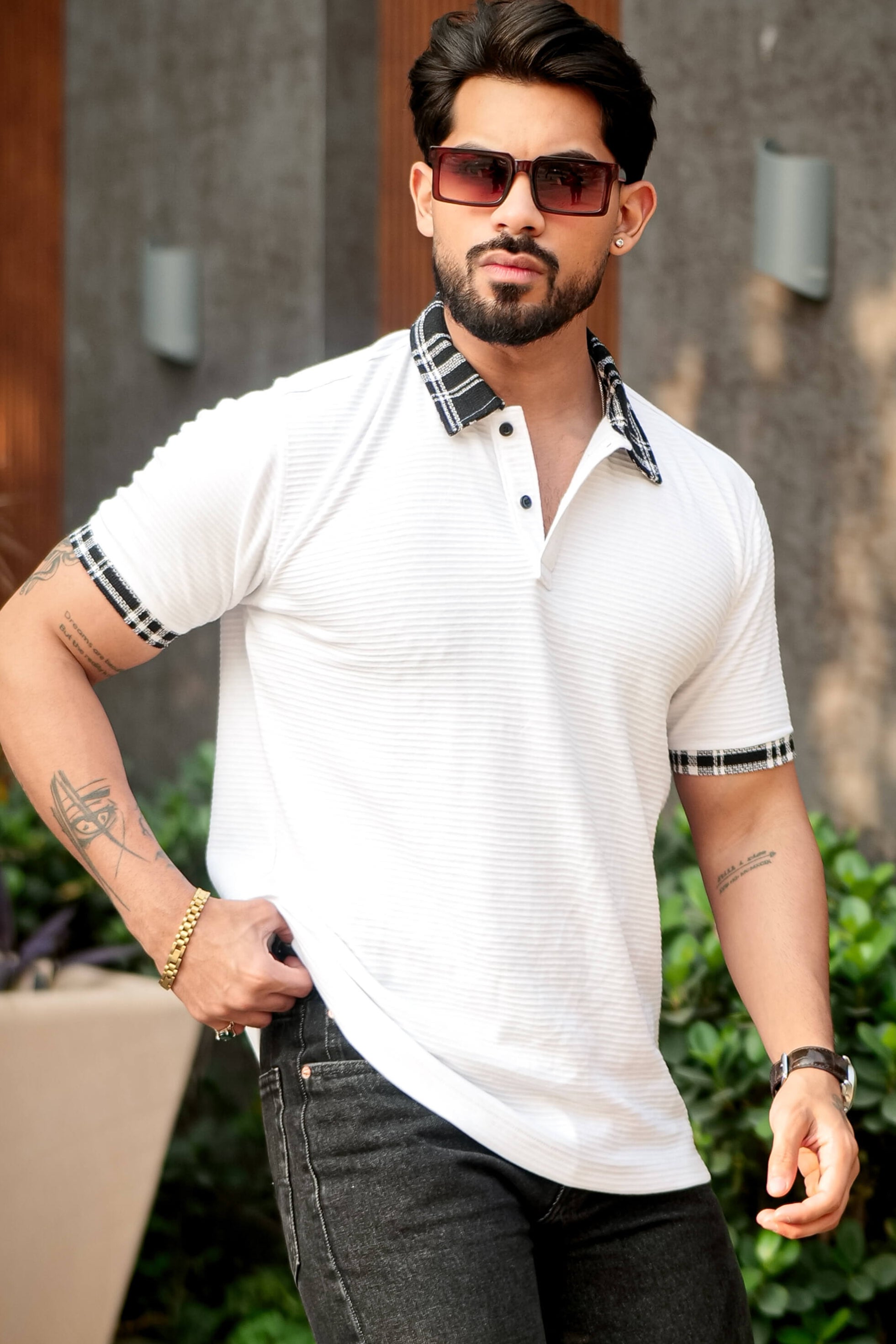 White Self Design Check Polo Collar T-Shirt