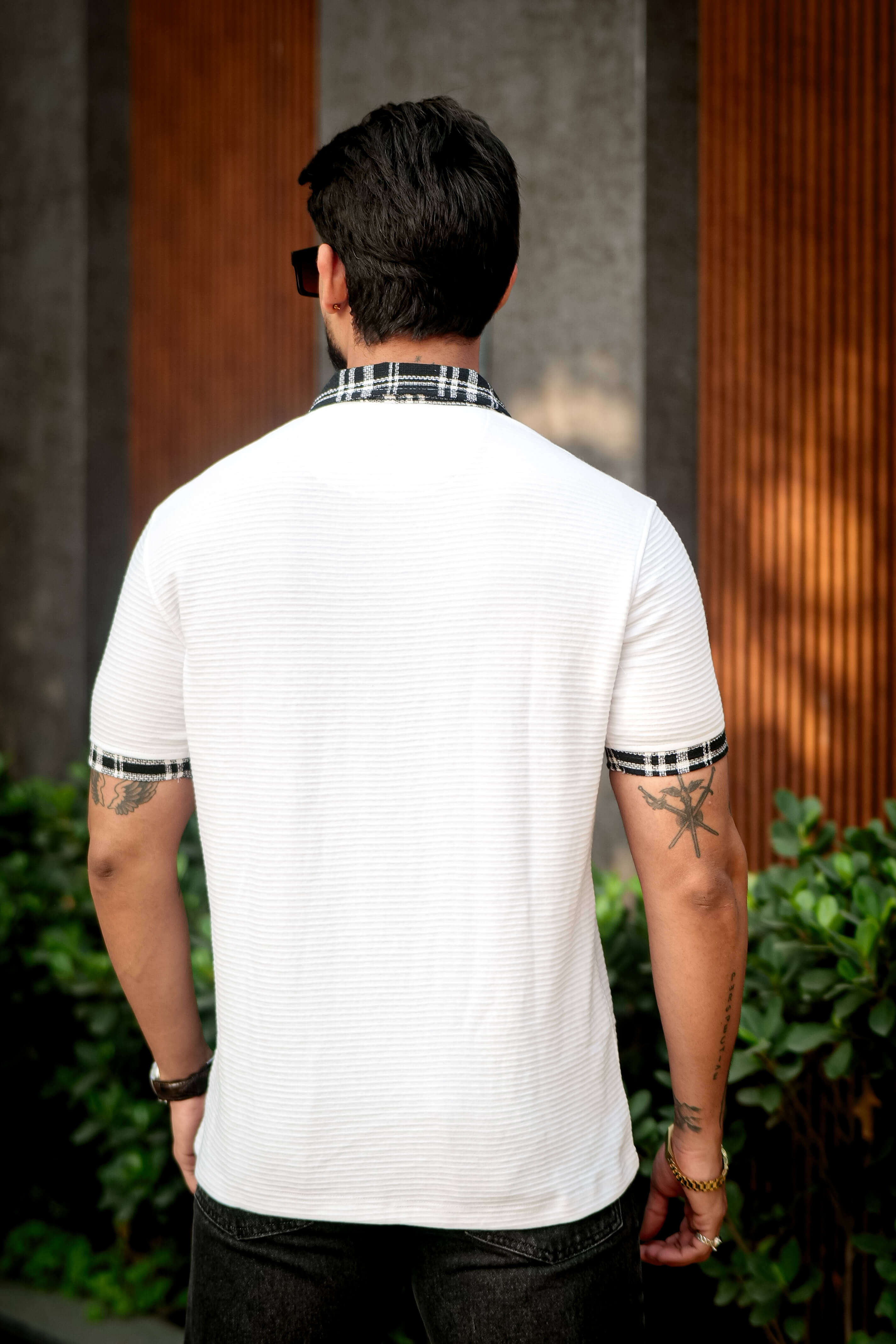 White Self Design Check Polo Collar T-Shirt