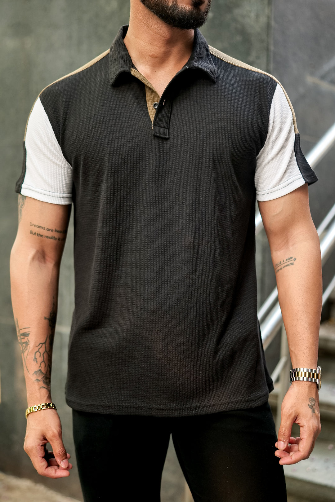 Black Waffle Colorblock Polo Collar T-Shirt