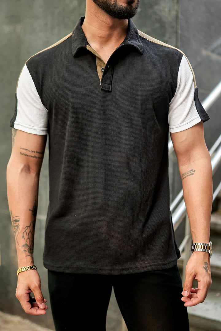 Black Waffle Colorblock Polo Collar T-Shirt