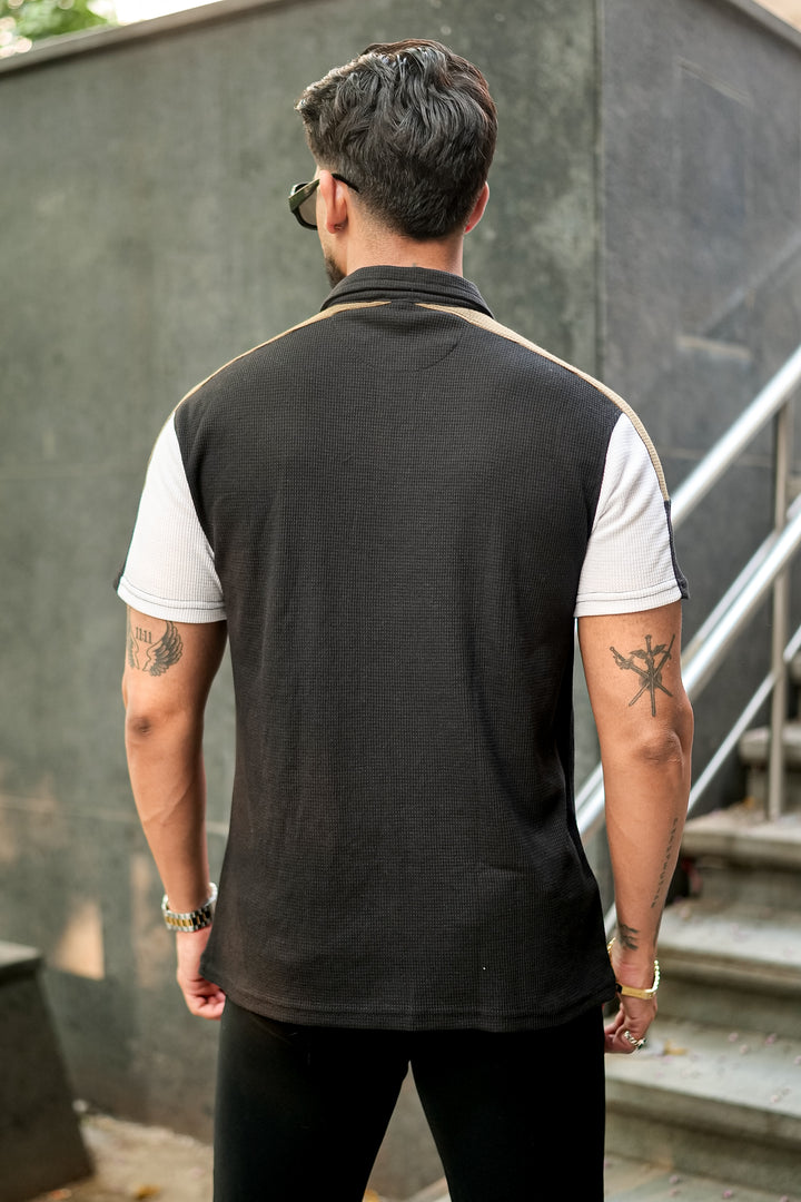 Black Waffle Colorblock Polo Collar T-Shirt