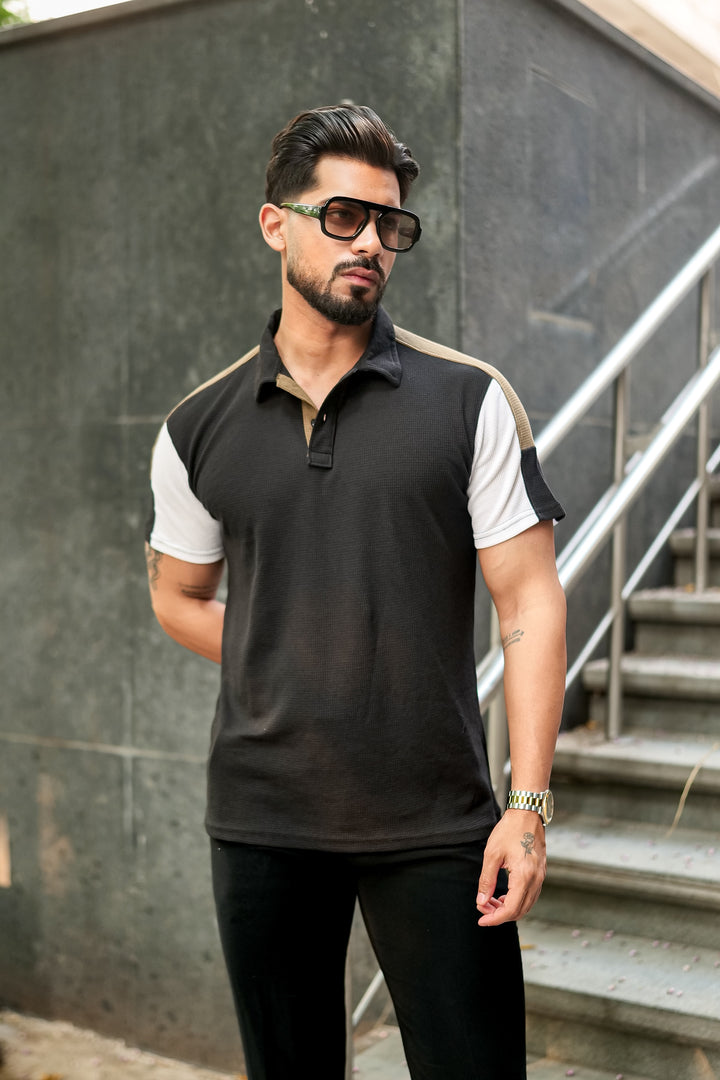 Black Waffle Colorblock Polo Collar T-Shirt