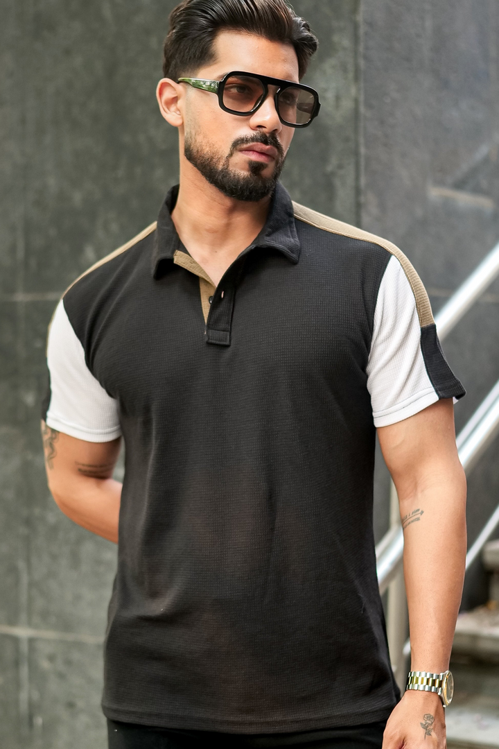 Black Waffle Colorblock Polo Collar T-Shirt