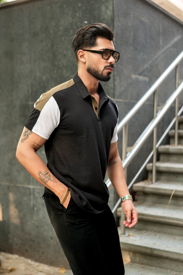 Black Waffle Colorblock Polo Collar T-Shirt