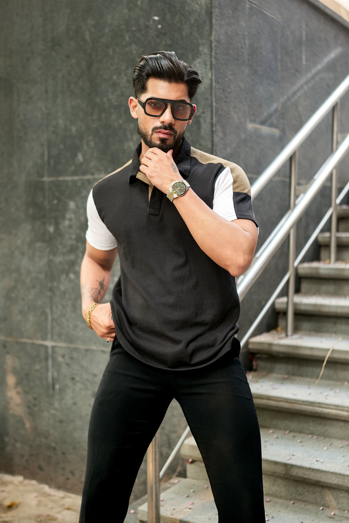 Black Waffle Colorblock Polo Collar T-Shirt