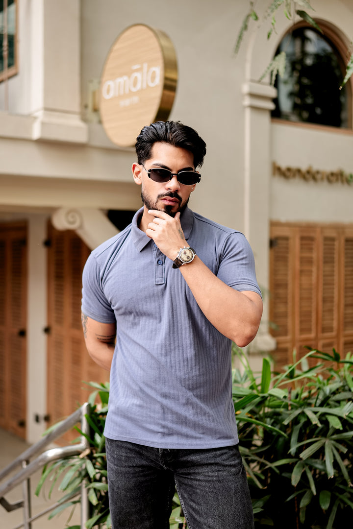 Blue Drop Needle Placket Polo Collar T-Shirt